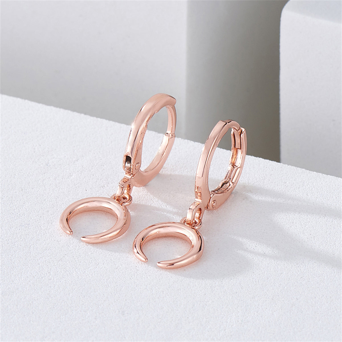 18K Rose Gold-Plated Moon Huggie Drop Earrings, rose gold huggie earrings, everyday style, styled look