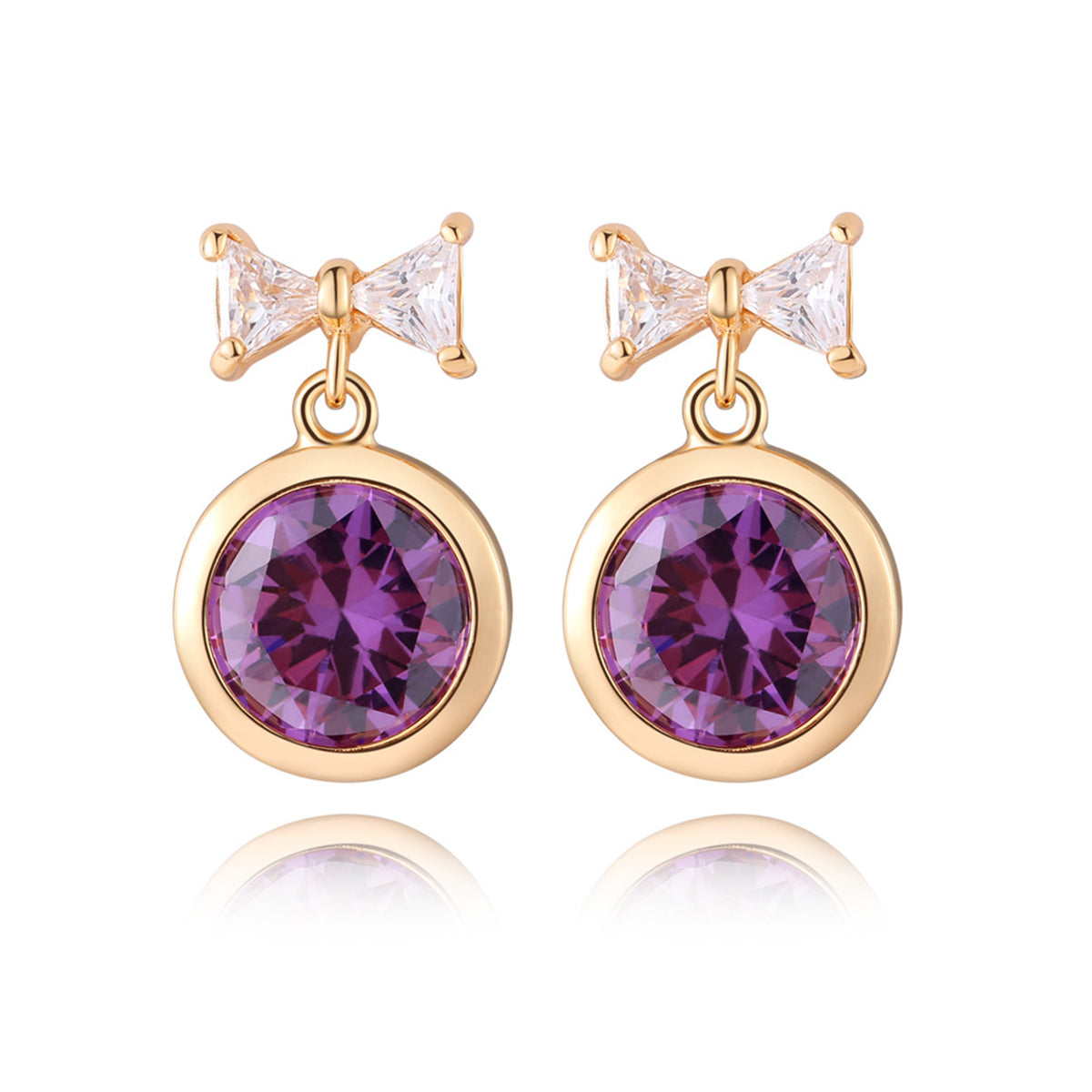 Purple Crystal and 18K Gold-Plated Bow Drop Earrings, gold drop earrings for women, dainty minimalist design, front view