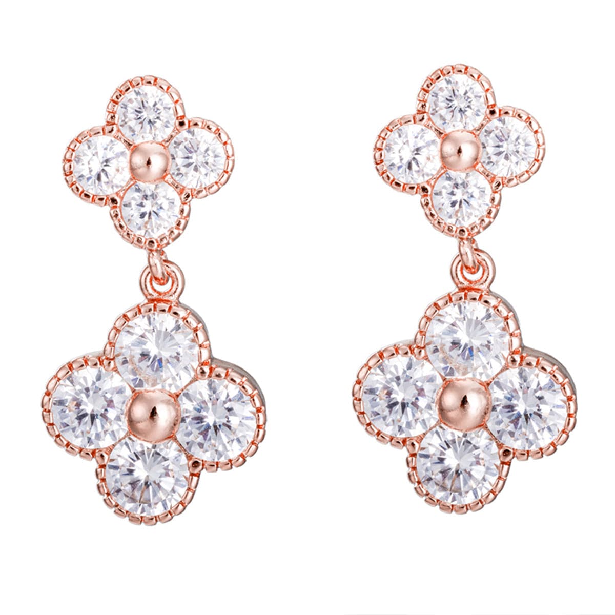 White Crystal & 18K Rose Gold-Plated Double Clover Drop Earrings