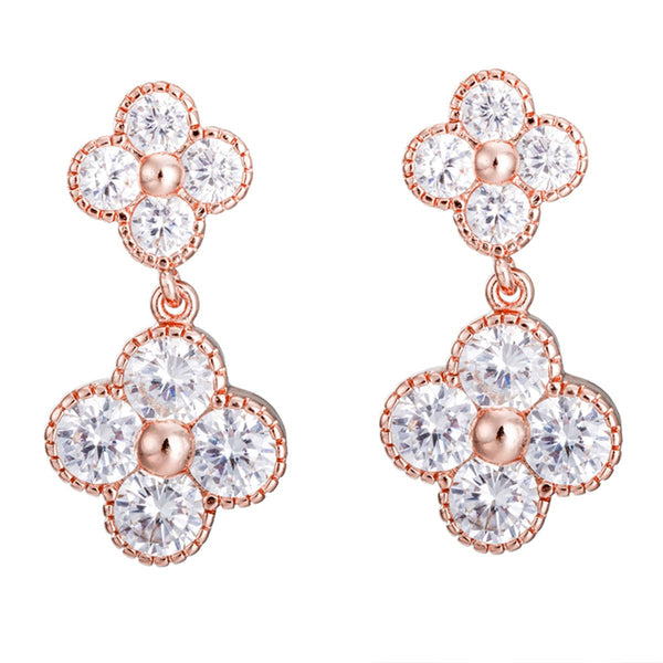 White Crystal & 18k Rose Gold-Plated Double Clover Drop Earrings
