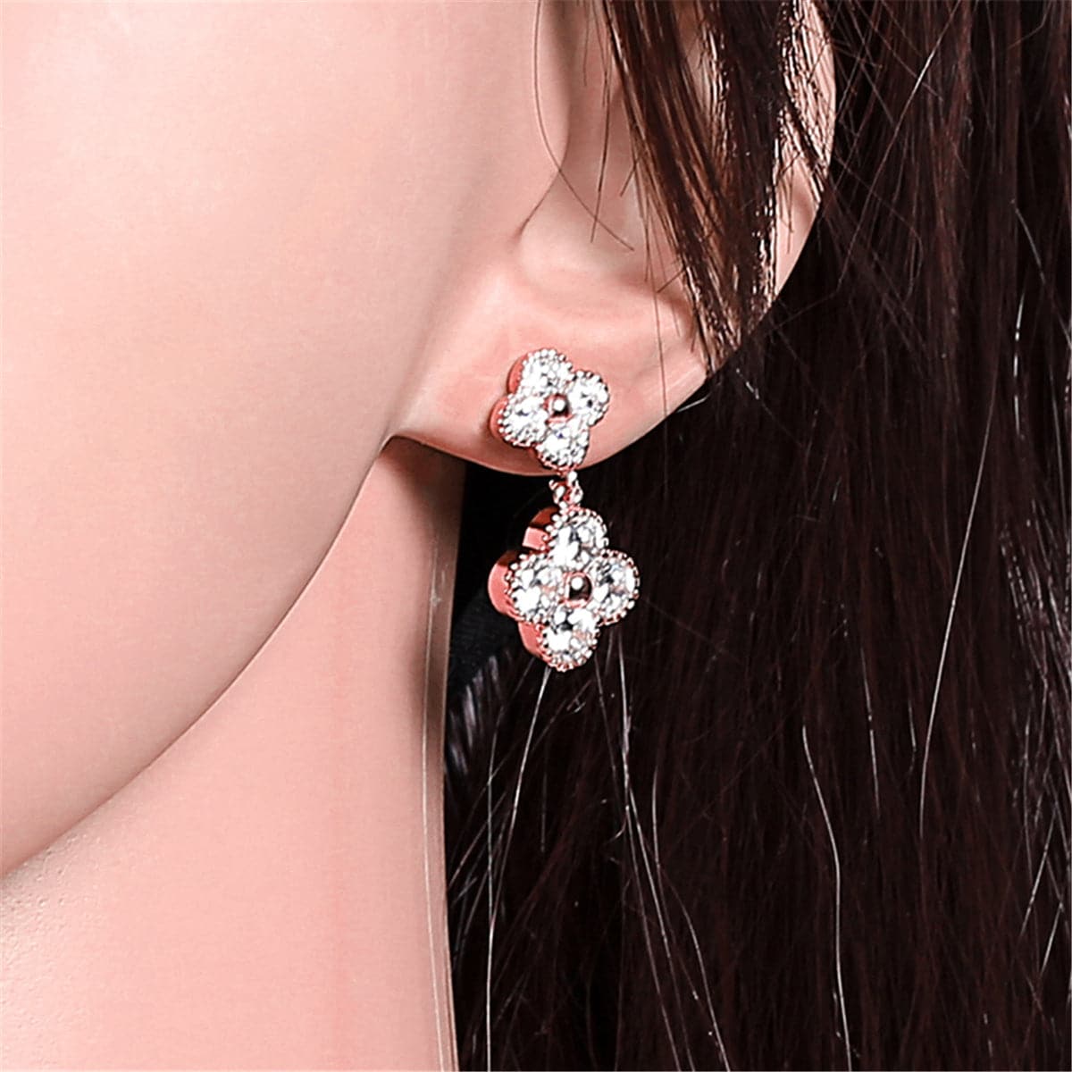 White Crystal & 18K Rose Gold-Plated Double Clover Drop Earrings