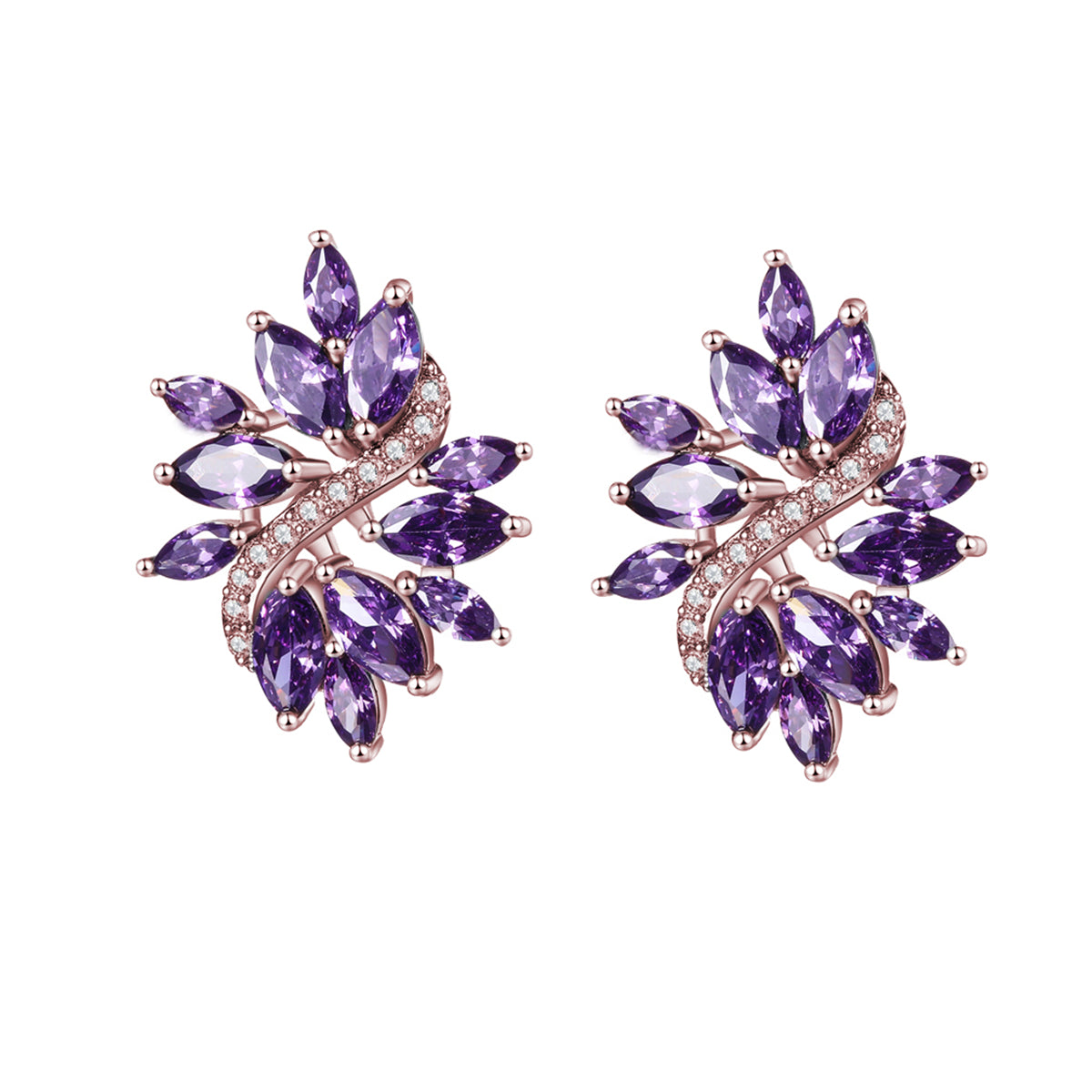 Purple Crystal and Cubic Zirconia Flower Stud Earrings, stud earrings for women, botanical inspired, side view