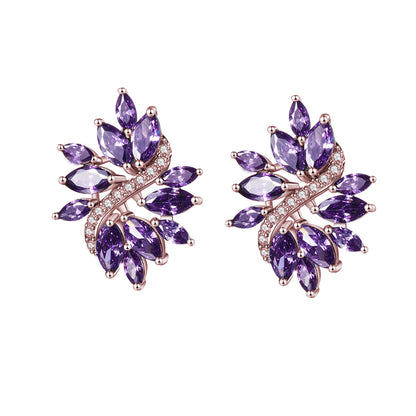Purple Crystal and Cubic Zirconia Flower Stud Earrings, stud earrings for women, botanical inspired, side view