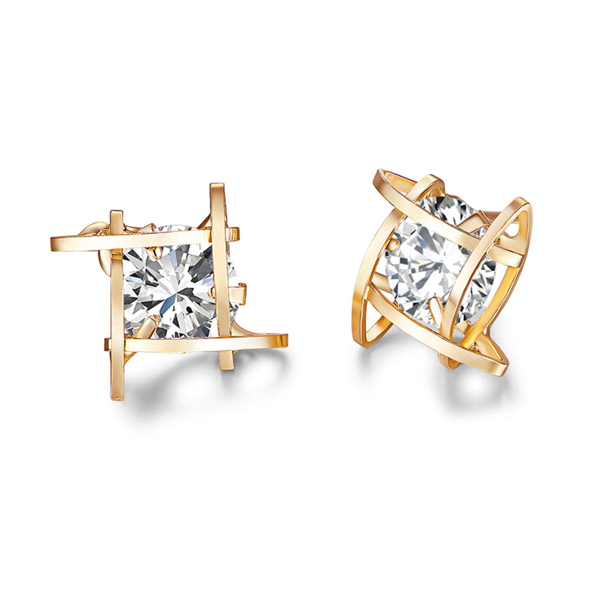 Crystal and 18K Gold-Plated Caged Stud Earrings, gold stud earrings for women, everyday style, side view
