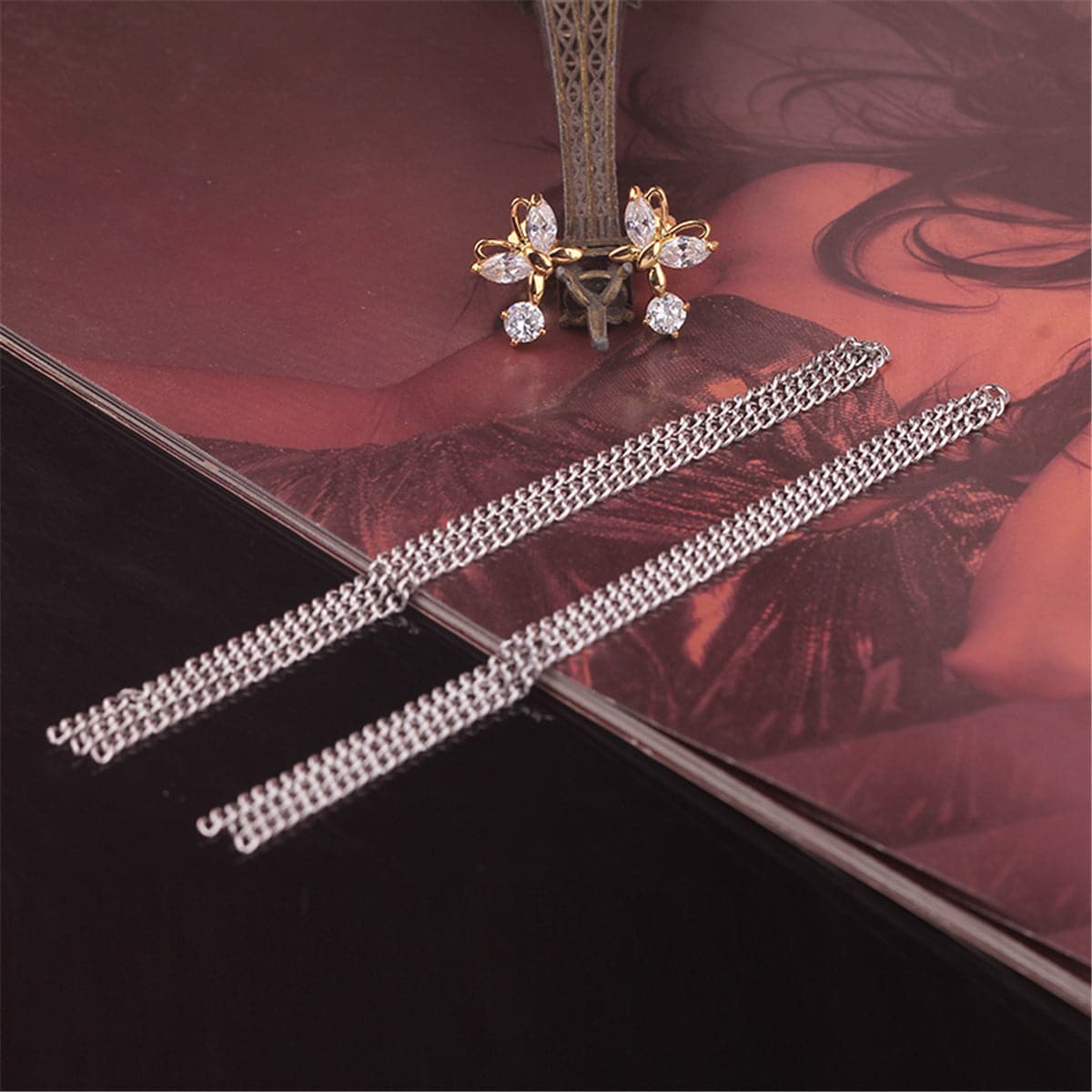 Crystal & Two-Tone Butterfly Tassel Drop Earrings - streetregion