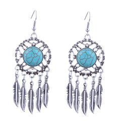 Turquoise & Silver-Plated Circle & Feather Drop Earrings