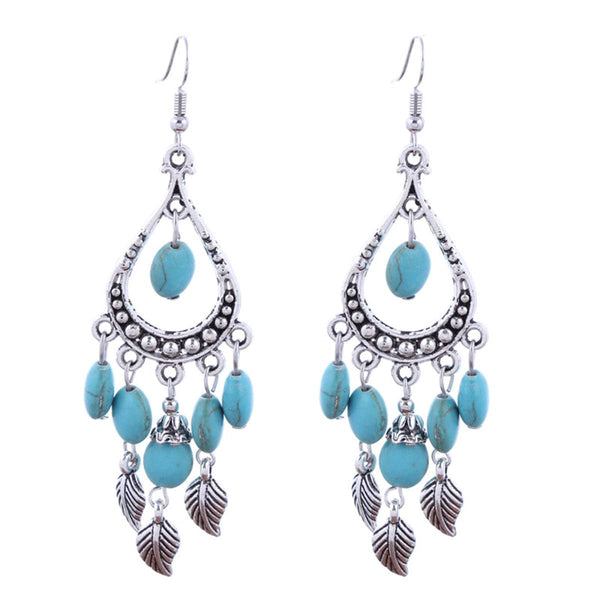 Reconstituted Turquoise & Silvertone Feather Teardrop Earrings