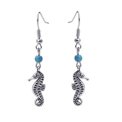 Turquoise and Silver-Plated Sea Horse Drop Earrings, silver drop earrings for women, vintage-inspired design, front view