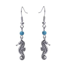 Turquoise & Silver-Plated Sea Horse Drop Earrings