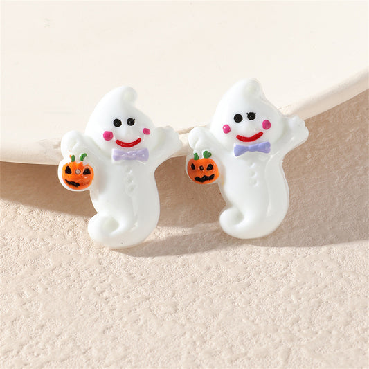 White and Silver-Plated Ghost Pumpkin Stud Earrings, silver stud earrings for women, elegant gift for her, front view