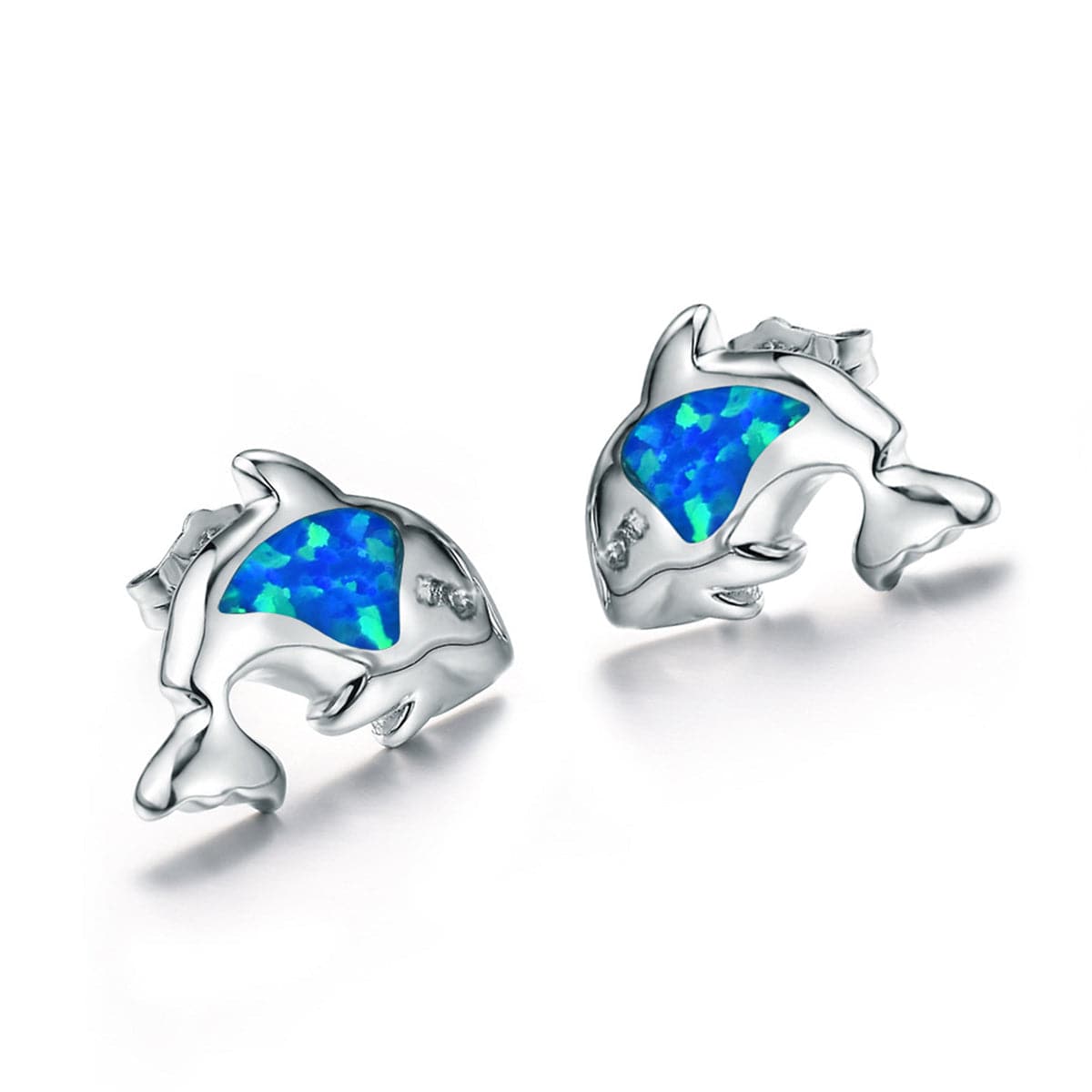 Blue Opal & Cubic Zirconia Dolphin Stud Earrings