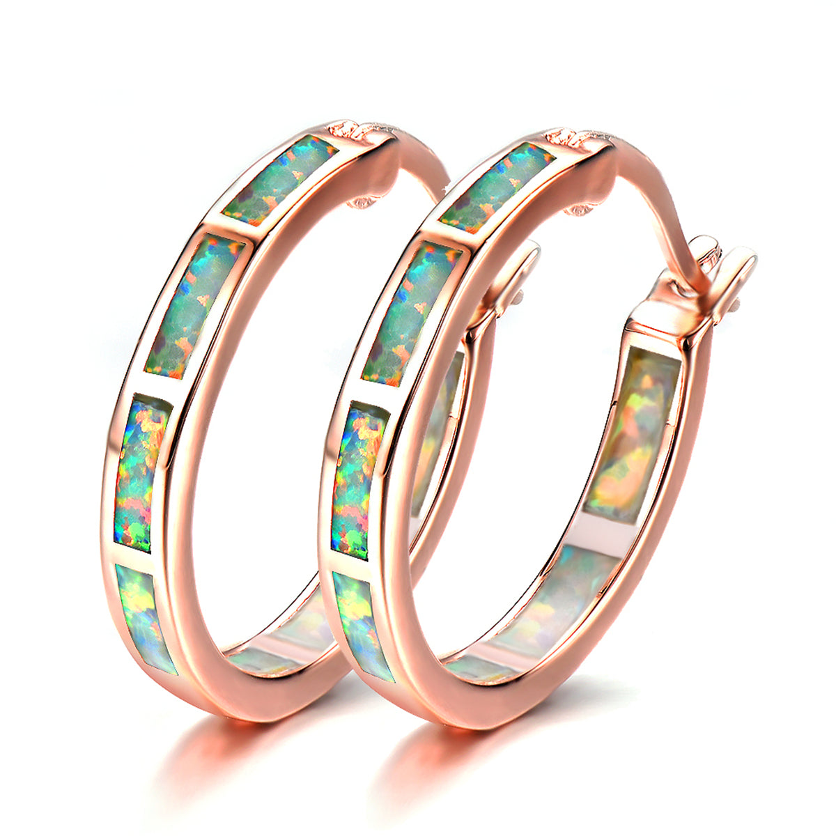 Opal and 18K Rose Gold-Plated Hoop Earrings, dainty minimalist design, front view