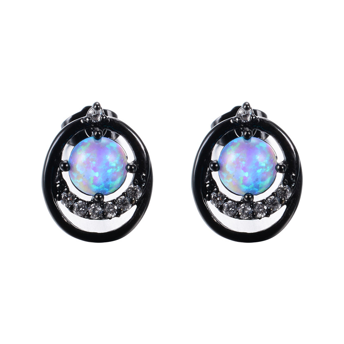 Blue Opal & Cubic Zirconia Black Ripple Stud Earrings