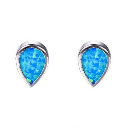 Blue Opal Bezel-Set Pear-Cut Stud Earrings, stud earrings for women, dainty minimalist design, side view