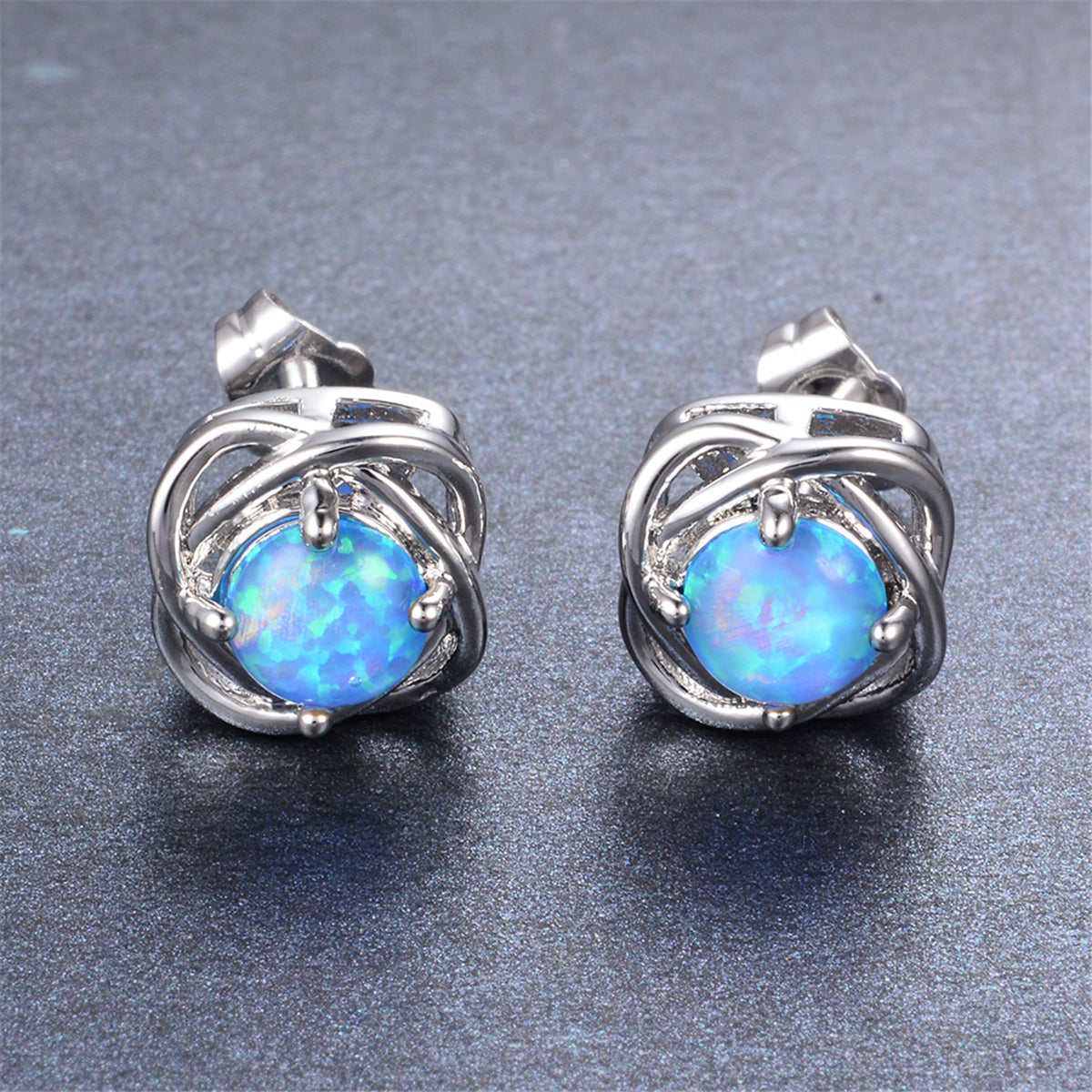 Blue Opal and Silver-Plated Round Wrapped Stud Earrings, silver stud earrings for women, vintage-inspired design, front view