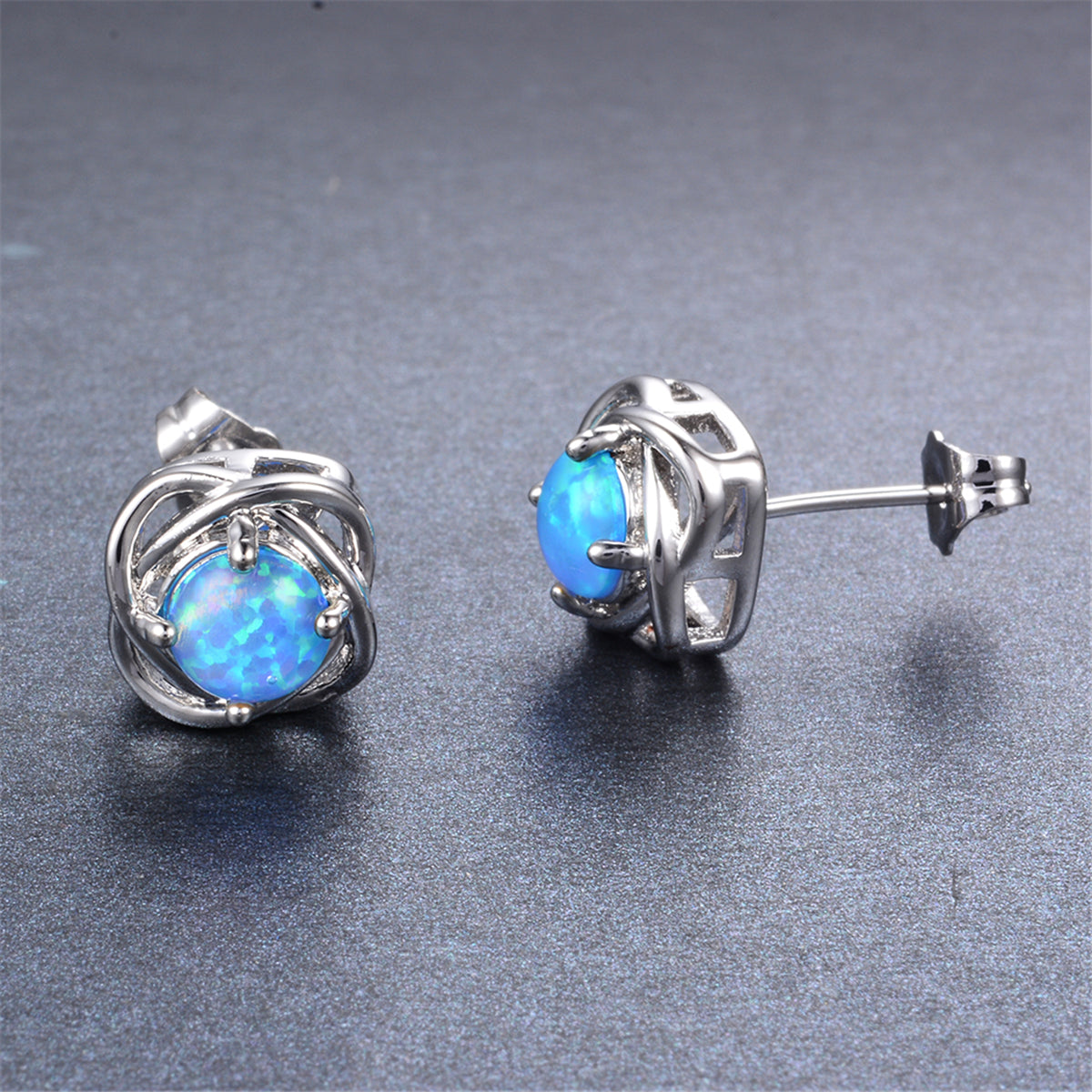 Blue Opal and Silver-Plated Round Wrapped Stud Earrings, silver stud earrings for women, detail close-up