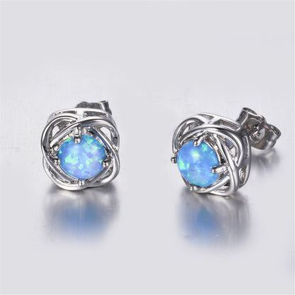 Blue Opal and Silver-Plated Round Wrapped Stud Earrings, silver stud earrings for women, lifestyle look