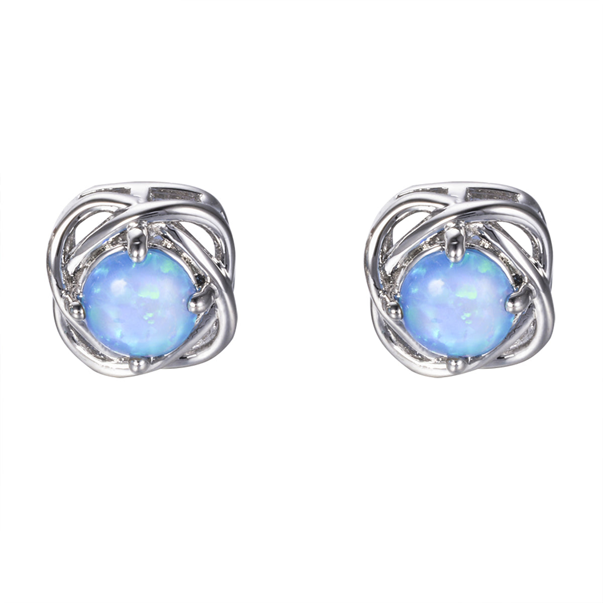 Blue Opal and Silver-Plated Round Wrapped Stud Earrings, silver stud earrings for women, vintage-inspired design, side view