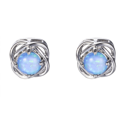 Blue Opal and Silver-Plated Round Wrapped Stud Earrings, silver stud earrings for women, vintage-inspired design, side view
