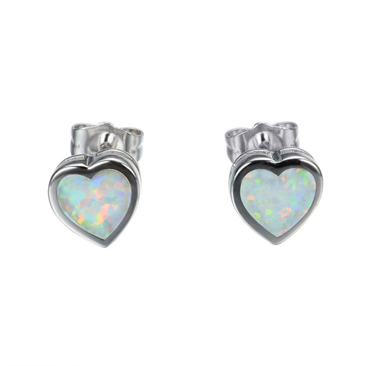 White Opal Bezel-Set Heart Stud Earrings, stud earrings for women, elegant gift for her, front view