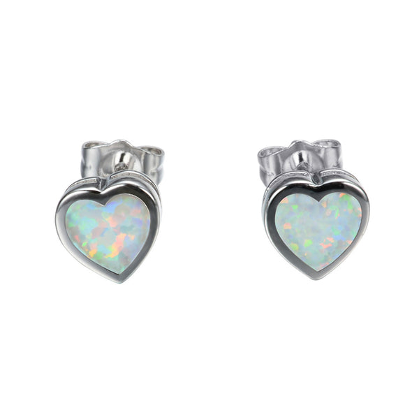 Genuine White Opal Bezel-Set Heart Stud Earrings
