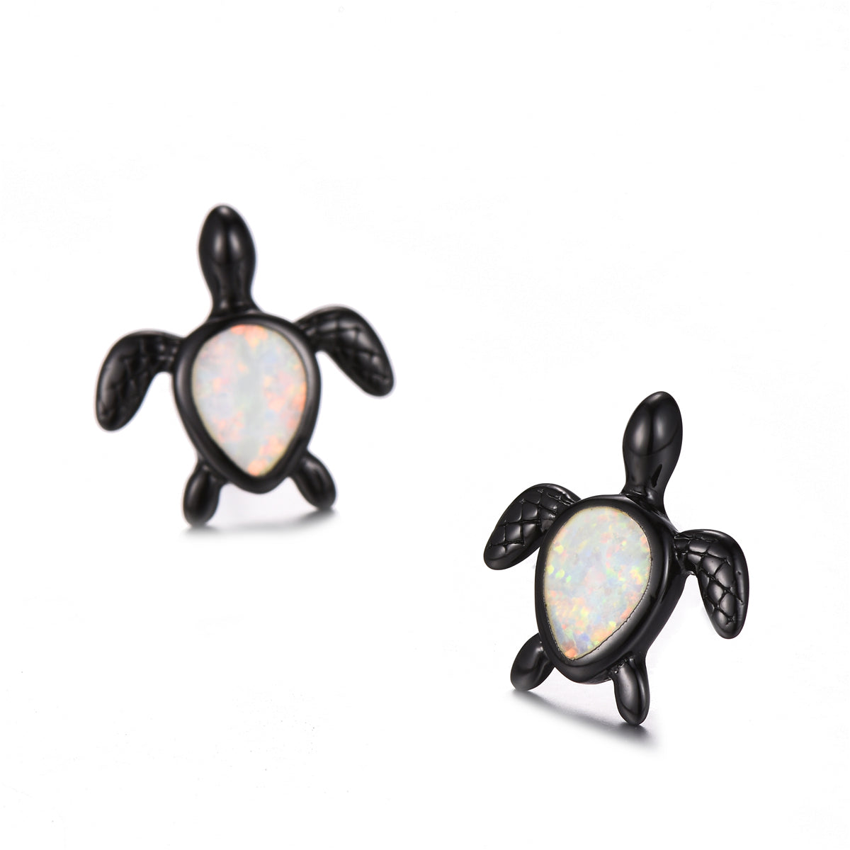 White Opal and Black Turtle Stud Earrings, stud earrings for women, botanical inspired, side view