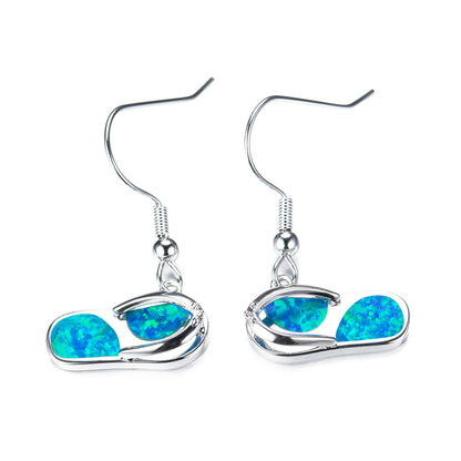 Blue Opal and Silver-Plated Flip-Flop Drop Earrings, silver drop earrings for women, botanical inspired, front view
