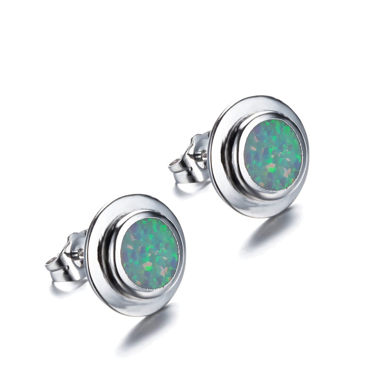 White Opal Round Bezel Stud Earrings