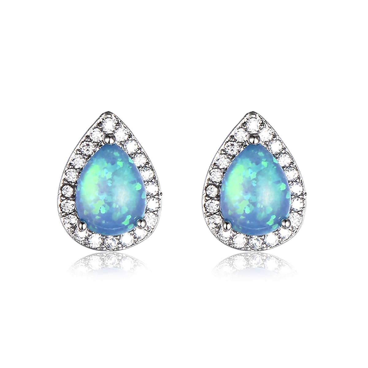 Blue Opal and Cubic Zirconia Teardrop Cushion Stud Earrings, stud earrings for women, everyday style, front view