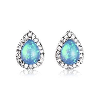 Blue Opal and Cubic Zirconia Teardrop Cushion Stud Earrings, stud earrings for women, everyday style, front view