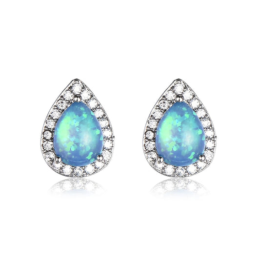 Blue Opal and Cubic Zirconia Teardrop Cushion Stud Earrings, stud earrings for women, everyday style, front view