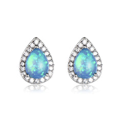 Blue Opal & Cubic Zirconia Teardrop Cushion Stud Earrings
