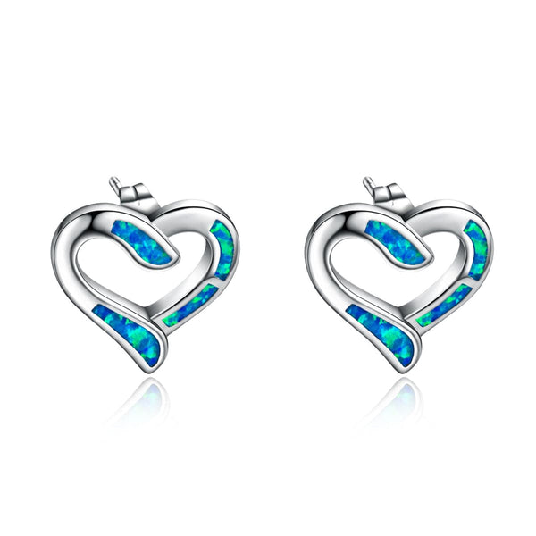 Blue Opal & Sterling Silver Hollow Heart Stud Earrings - streetregion