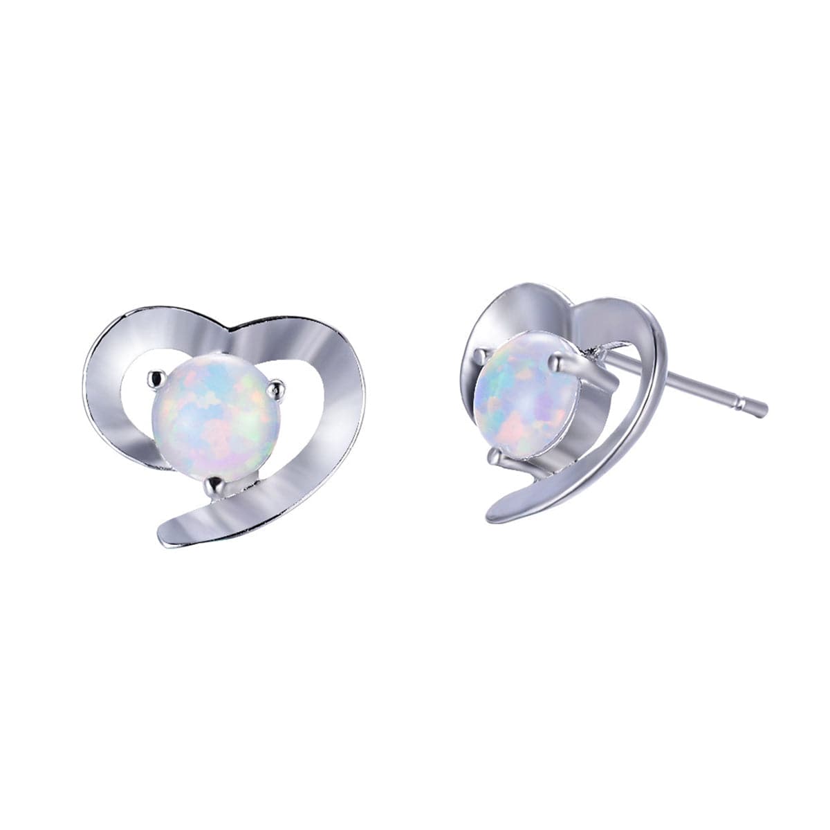 White Opal & Silver-Plated Heart Stud Earrings
