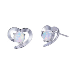 White Opal & Silver-Plated Heart Stud Earrings