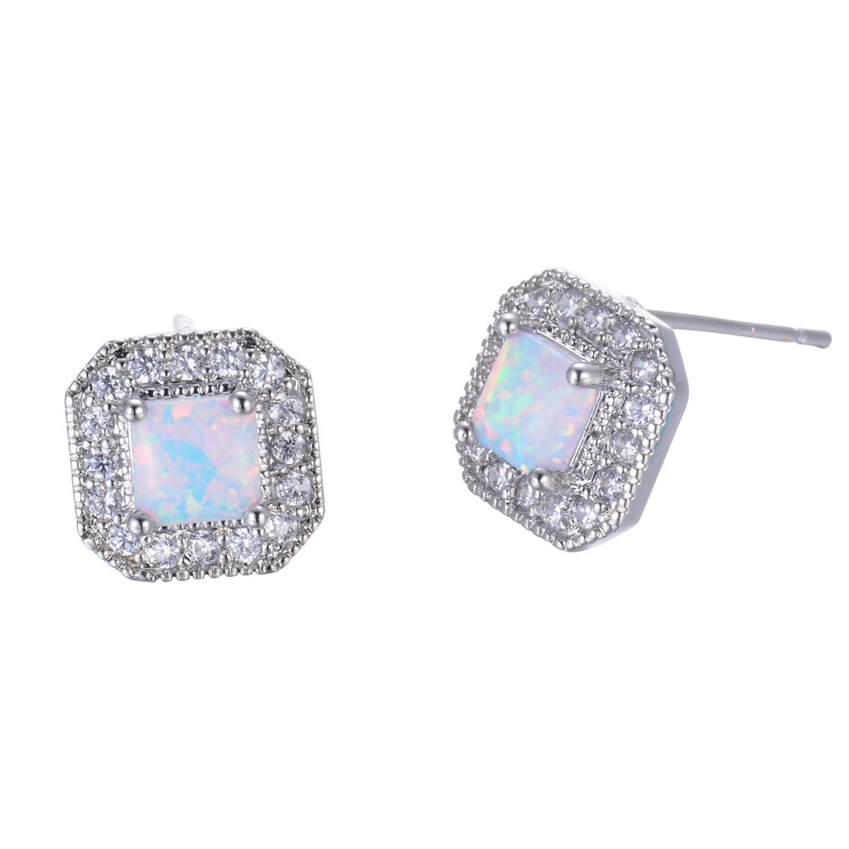White Opal Princess-Cut Halo Stud Earrings