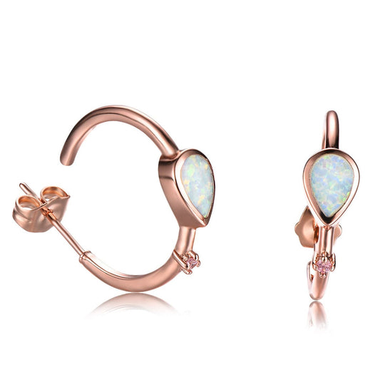 Opal and Pink Cubic Zirconia 18K Rose Gold-Plated Pear-Cut Hoop Earrings, botanical inspired, front view