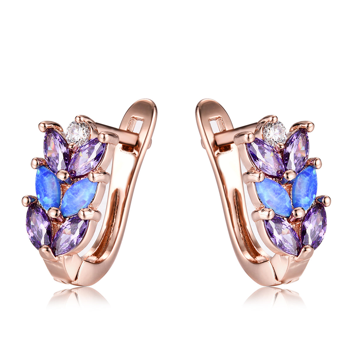 Purple Crystal and Blue Opal Leverback Earrings, stud earrings for women, elegant gift for her, side view
