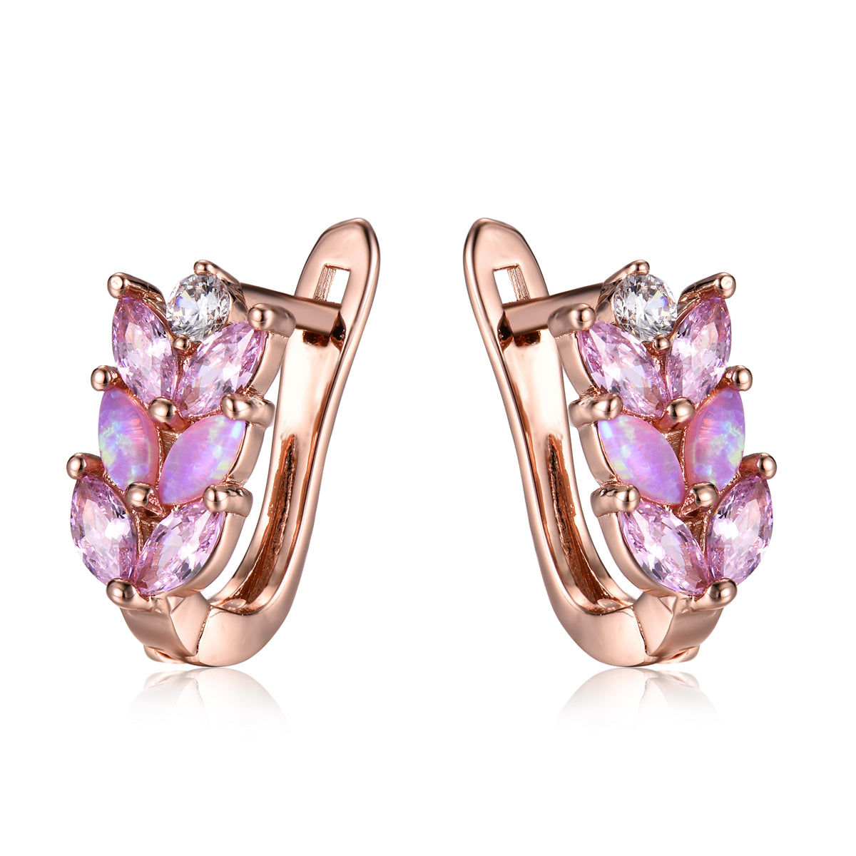 Pink Opal and Cubic Zirconia 18K Rose Gold-Plated Leverback Earrings, rose gold stud earrings for women, front view