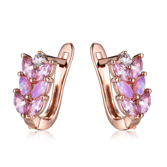 Pink Opal and Cubic Zirconia 18K Rose Gold-Plated Leverback Earrings, rose gold stud earrings for women, front view