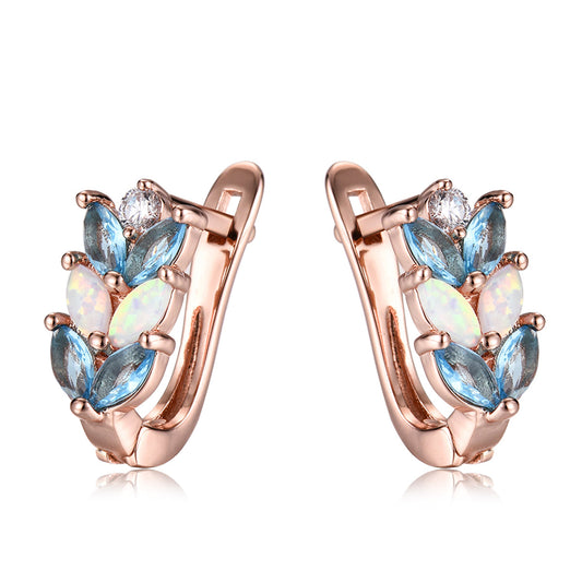 Opal and Crystal 18K Rose Gold-Plated Leverback Earrings, rose gold stud earrings for women, front view