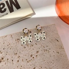 Pearl & White Polka Dot Bow Drop Earrings