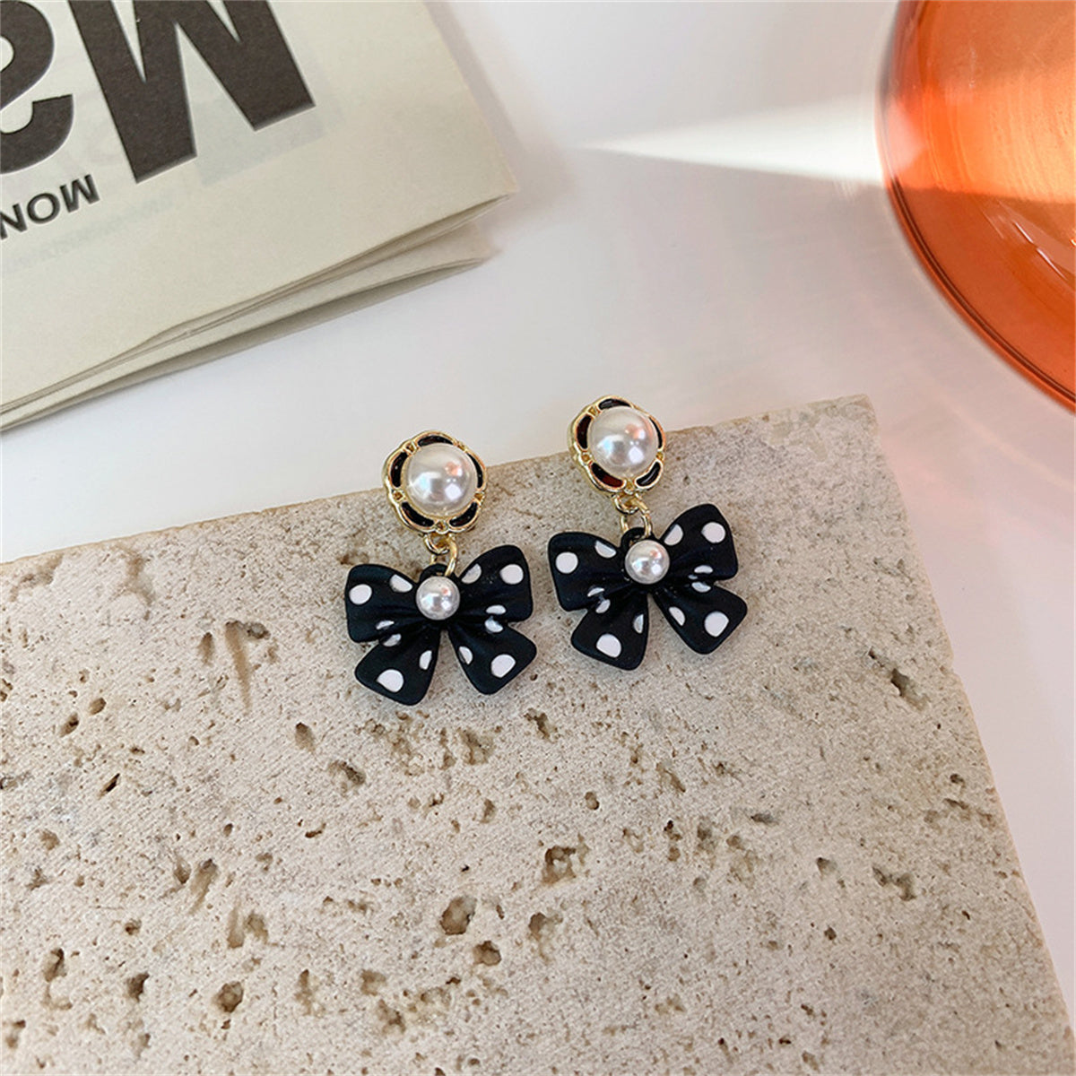 Pearl and Black Polka Dot Bow Drop Earrings, drop earrings for women, everyday style, side view