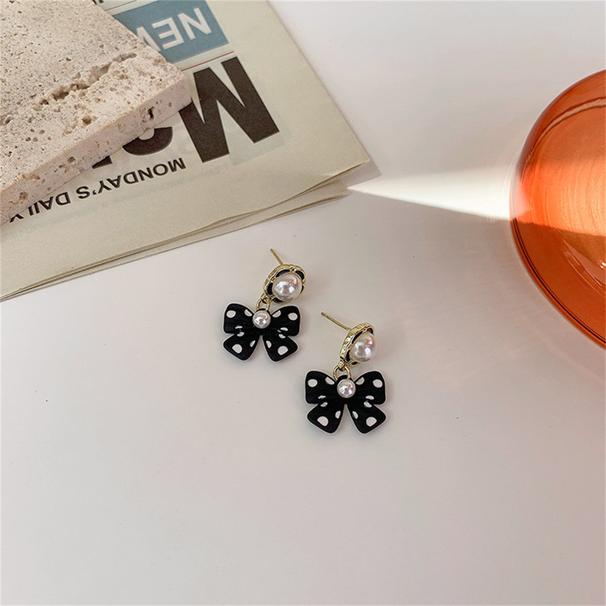 Pearl and Black Polka Dot Bow Drop Earrings, drop earrings for women, everyday style, detail close-up