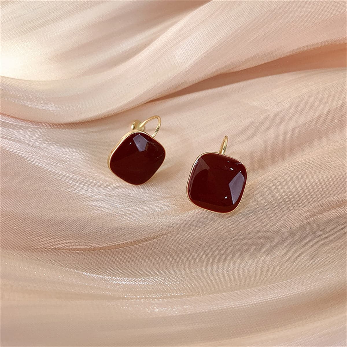 Wine Red Enamel and 18K Gold-Plated Square Huggie Earrings, gold huggie earrings, everyday style, side view