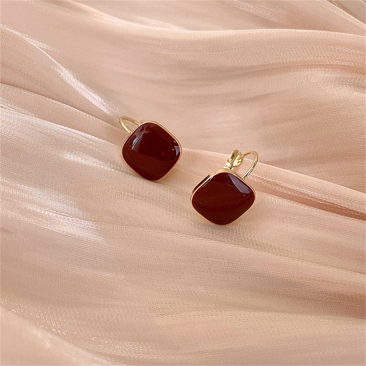 Wine Red Enamel and 18K Gold-Plated Square Huggie Earrings, gold huggie earrings, everyday style, detail close-up