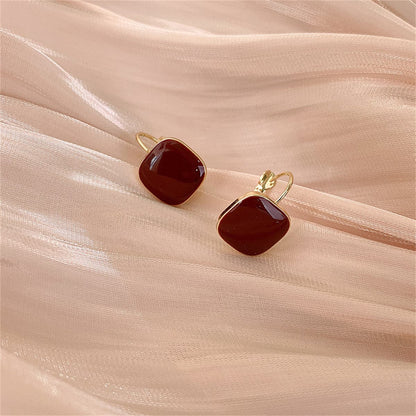 Wine Red Enamel and 18K Gold-Plated Square Huggie Earrings, gold huggie earrings, everyday style, detail close-up