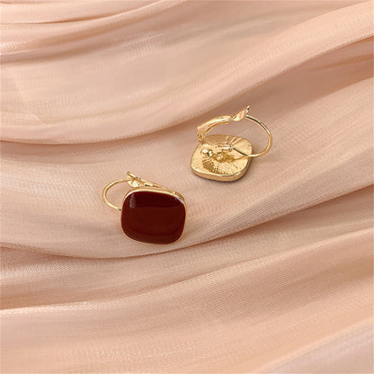 Wine Red Enamel and 18K Gold-Plated Square Huggie Earrings, gold huggie earrings, everyday style, lifestyle look