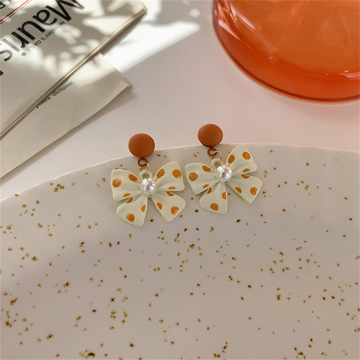 Pearl & Orange Polka Dot Bow Drop Earrings