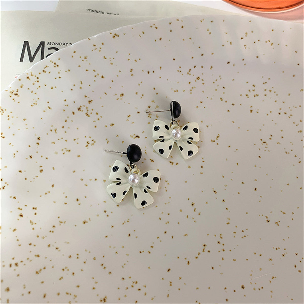 Pearl & Beige Polka Dot Bow Drop Earrings